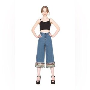 Alice + Olivia Beta Pom Pom High Waist Wide Leg Cropped Jeans Size 28
